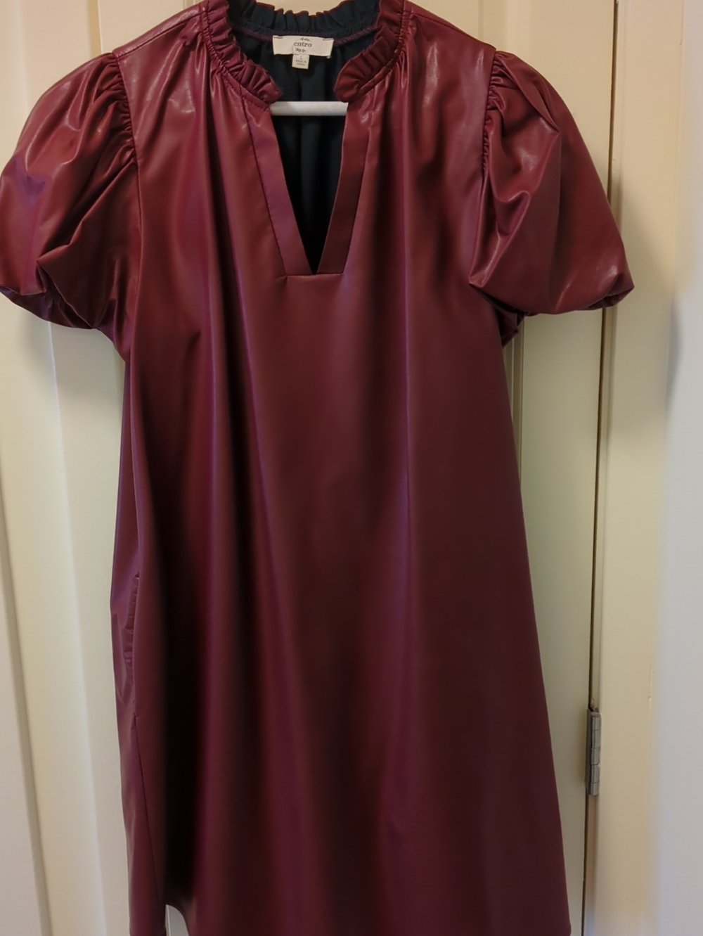 entro Burgundy Faux-Leather Puff Sleeve Mini Dress